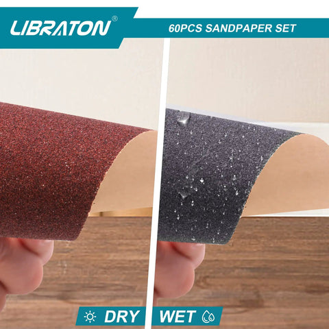 Ultimate Sandpaper Kit For Woodworking 60 Pc Assortment With 80 120 400 600 Grit Sheets showing dry and wet sanding sheets.