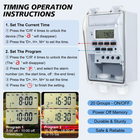 Rock Solid Heavy Duty Waterproof Programmable Timer Switch For Indoor And Outdoor Use Controls Christmas Lights Fountains Aerators With Plug And Play Schedule Setup showing operation instructions and timer settings.