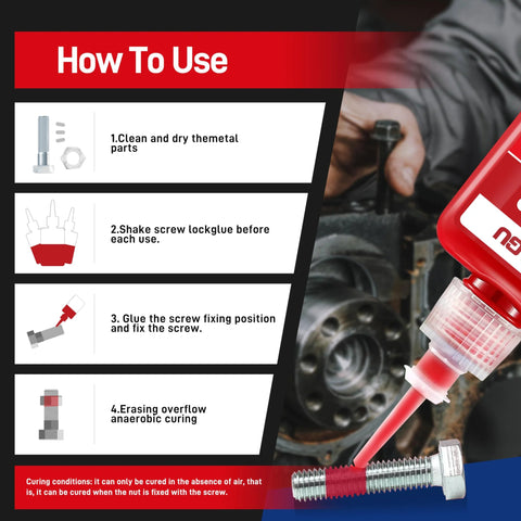 How to use red high-strength threadlocker for M25 bolts on metal parts with assembly instructions and application steps.