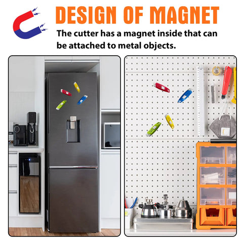 Ceramic Safety Box Cutter With Safety Lock Pocket Sized Magnetic Cardboard Opener For Packages Ultra Sharp Ceramic Blade Rust Resistant Handy Mini Knife 4 Pack on fridge and pegboard