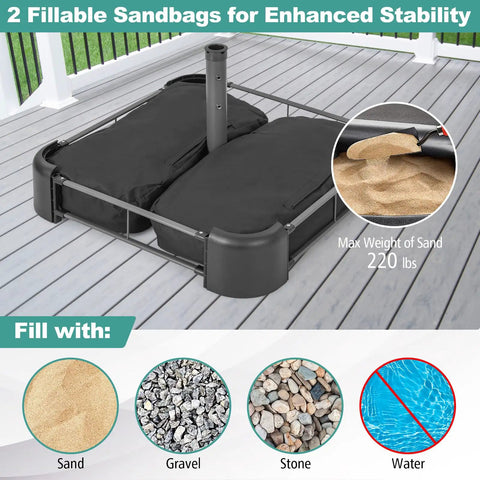 Heavy Duty Beefy 220 Pound Patio Umbrella Base With Sandbags, All Weather Oxford Cover, metal frame on wooden deck