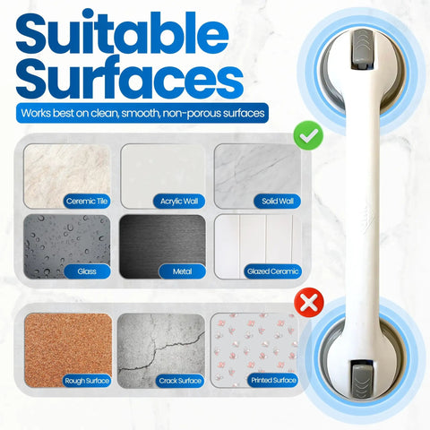 Suitable surfaces for Suction Cup Grab Bar For Bathtubs And Showers No Tool Install Portable Safety Handle In White And Gray 16 Inch Length