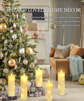 Flickering Flameless Candles With Embedded String Lights, Battery Operated 5 Pack Ivory in living room with Christmas tree