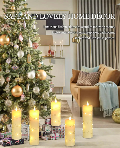 Flickering Flameless Candles With Embedded String Lights, Battery Operated 5 Pack Ivory in living room with Christmas tree