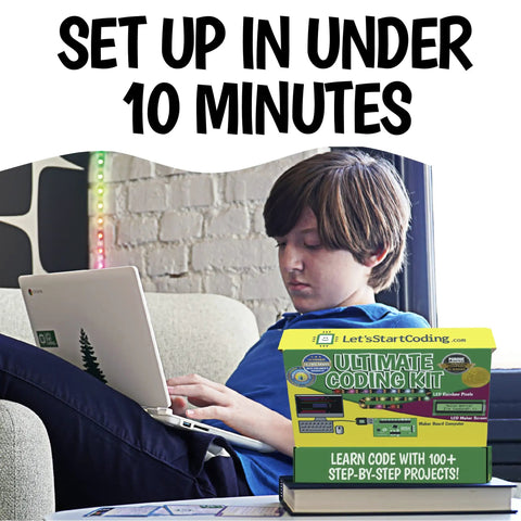 Code Ready Kids Coding Kit For Ages Eight To Twelve With 100 Plus Free Code And STEM Projects, Hands On Learning With C Plus Plus Programming, Fun Coding Games For Tweens, Great Gift For Techy Teens Of All Genders. boy using laptop with Ultimate Coding Kit