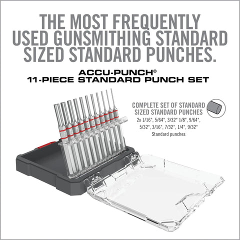 11 Piece Standard Punch Set with pro grade heavy duty premium steel punches in three-position storage case for precise metalworking