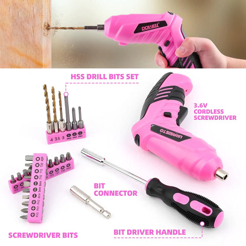 Lightweight Pink Cordless USB Electric Screwdriver Kit With 3.6V Drill Driver For Home DIY Women Friendly Tool Set Easy To Use