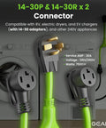 Four Prong Dryer Y Splitter Cable 30 Amp NEMA 14 30P To Dual NEMA 14 30R Receptacles STW 10AWG 4C Power Cord 2.2 Feet photographed.