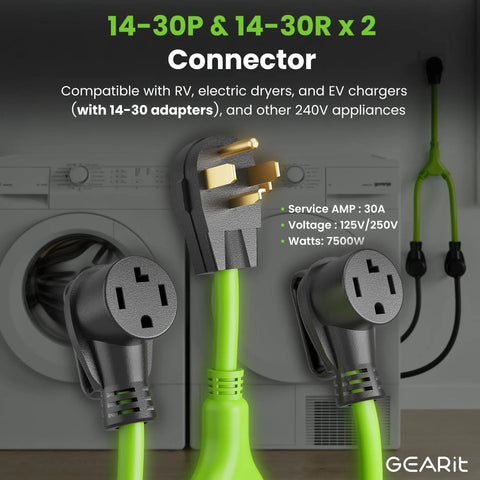 Four Prong Dryer Y Splitter Cable 30 Amp NEMA 14 30P To Dual NEMA 14 30R Receptacles STW 10AWG 4C Power Cord 2.2 Feet photographed.