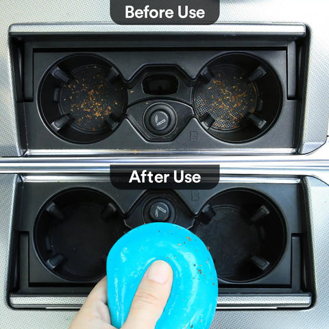 Premium Car Cleaning Gel And Detailing Slime Putty used to clean cup holders, showing before and after results.