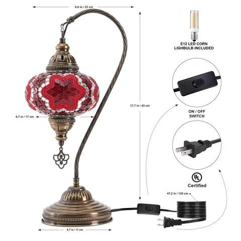 Swan Neck Mosaic Turkish Table Lamp With Handcrafted Glass Bead Mosaic, Vintage Bohemian Tiffany Style Desk Lamp, Moroccan Stained Glass Decor, Antique Look Bedside Light With US Plug And E12 Socket shown with dimensions and components.