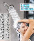Person enjoying Tub And Shower Faucet Kit With 9-Setting Rain Shower Head In Chrome Finish flowing on hair, displaying spray settings.