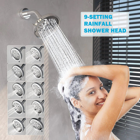 Person enjoying Tub And Shower Faucet Kit With 9-Setting Rain Shower Head In Chrome Finish flowing on hair, displaying spray settings.