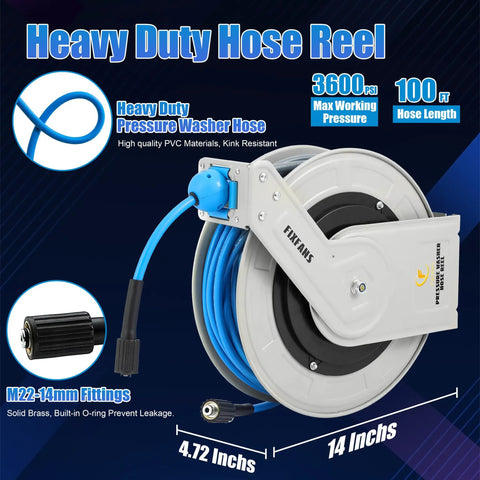 Heavy Duty 100 Ft Retractable Pressure Washer Hose Reel With Auto Rewind One Quarter Inch Hose Wall Mounted 3600 PSI Compatible