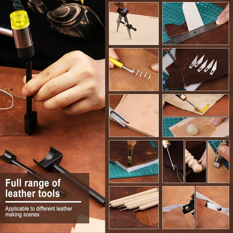 Person using tools from Ultimate Leather Working Starter Kit 628 Pcs with Leather Pony, Tooling Box, Stamping Tools, Punches