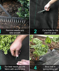 Four steps using heavy duty weed barrier landscape fabric 6ft wide by 50ft long, 3.2oz polypropylene woven geotextile ground cover for gardens.