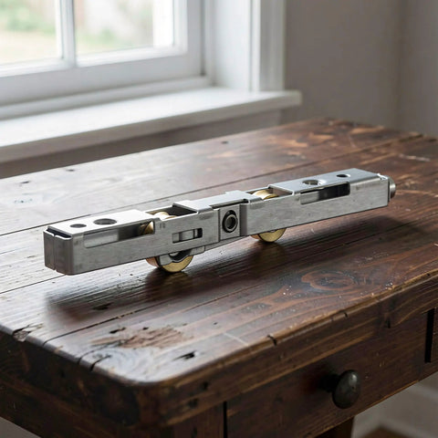 Top Tier Sliding Door Replacement Rollers Engineered For Legit Heavy Duty Use on wooden table, stainless steel with wheels.
