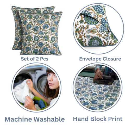 Block Print Asparagus Green Pillow Covers 16x16 Set of 2, Farmhouse Boho Decor for Couch and Living Room, Soft Cotton Throw Pillow Covers, Cozy Spring Vibe and Perfect Mothers Day Gift set of 2 with envelope closure