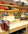 Wall Mounted Drill Rack And Tool Shelf, Power Tool Organizer Holder installed in workshop with heavy duty storage for cordless tools