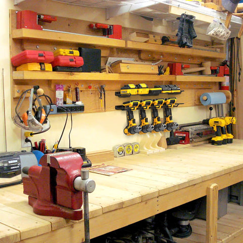Wall Mounted Drill Rack And Tool Shelf, Power Tool Organizer Holder installed in workshop with heavy duty storage for cordless tools