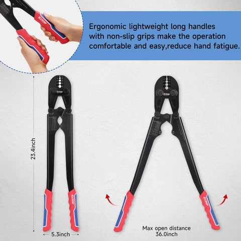 1608B Wire Rope Crimping Tool With Five Die Slots, ergonomic handles, 23.4-inch length, 5.3-inch width, 36-inch max open distance
