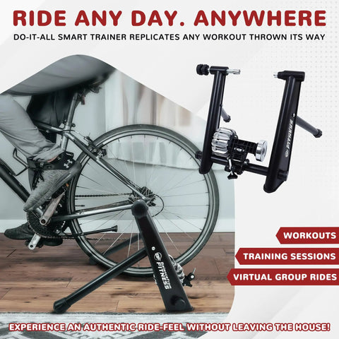 Steel Bicycle Trainer Stand With Fluid Magnetic Resistance For Indoor Cycling, black unit in use with front wheel riser block