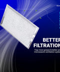 Beefy Heavy Duty Microwave Grease Filter Replacement 7.64 By 5.12 Inches For Over The Range Vent Hoods 5 Pack Fits GE LG Kenmore ME21R7051SS And Similar Models Built To Last Easy Clean, angled view on blue background