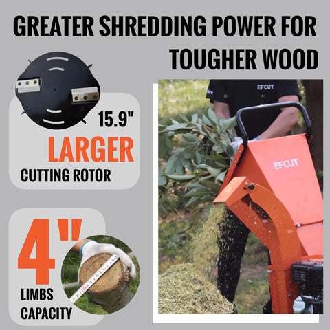 Powerful 9HP Gas Powered Wood Chipper With Electric Key Start, 274cc Engine, 4 Inch Max Branch Capacity, efficient shredding