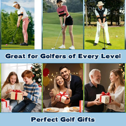 Collage of people of various ages playing golf and receiving golf-related gifts, illustrating versatility of golf as a gift.