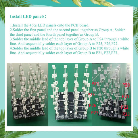 Soldering Practice Kit For Beginners 4x4x4 LED Color Light Cube Electronics DIY Project For Kids And Students Learn Real Soldering With Clear English Instructions - LED panels installation guide with text instructions and LED alignment visuals.