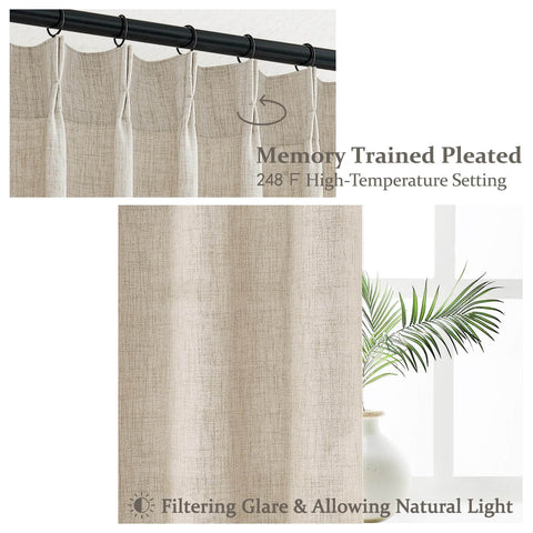 Natural Linen Blend Heavy Fall Curtains 86 Inches Long For Bedroom And Living Room, Pinch Pleated Custom Track System Sheer Drapes With Light Filtering Privacy, 40x86, Set Of 2 Panels With Hooks shown front view