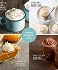 Image of whipped cream topping, cupcake frosting, finishing touches, and chocolate mousse created with 304 Stainless Steel Whipped Cream Dispenser 500ml With 3 Decorating Nozzles.