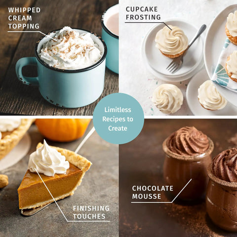 Image of whipped cream topping, cupcake frosting, finishing touches, and chocolate mousse created with 304 Stainless Steel Whipped Cream Dispenser 500ml With 3 Decorating Nozzles.