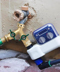 Brass Garden Hose Splitter With Full Port Valve For Maximum Flow Built To Last Two Way High Flow Y Connector All Metal Outdoor Faucet Splitter With Shutoff Durable Water Hose Adapter And Connector attached to wall faucet with two hoses