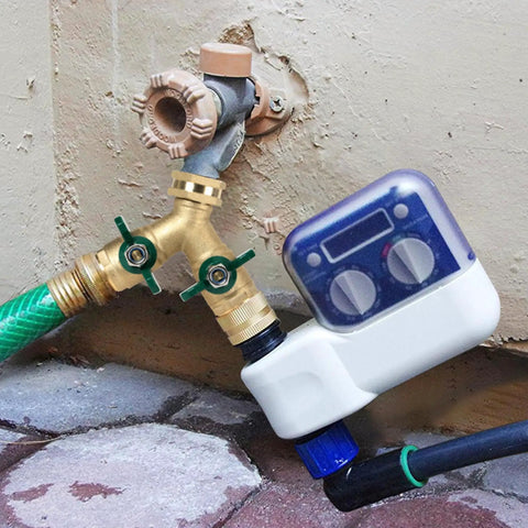 Brass Garden Hose Splitter With Full Port Valve For Maximum Flow Built To Last Two Way High Flow Y Connector All Metal Outdoor Faucet Splitter With Shutoff Durable Water Hose Adapter And Connector attached to wall faucet with two hoses