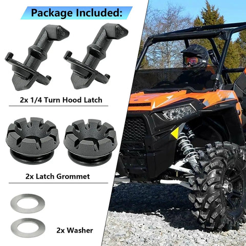 Hood Latch Toggle And Grommet Kit For Polaris RZR 570 800 S XP 900 2 Pack with ABS rubber parts and off-road vehicle