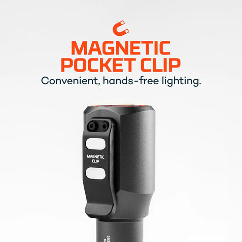 Close-up of magnetic pocket clip on Two In One Car Charger And Flashlight With 400 Lumens Six Light Modes Compact LED Light.