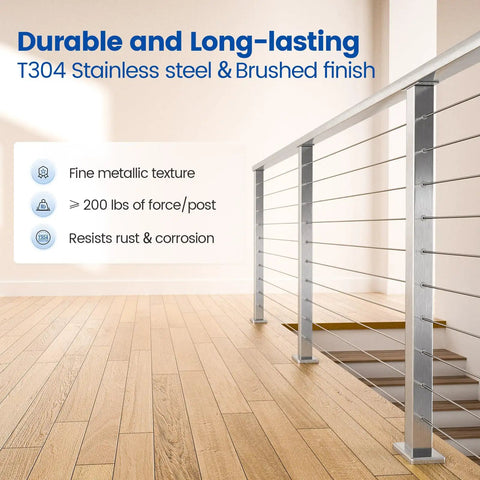Cable Railing Post 36 Inch Square 2x2 Surface Mount Brushed T304 Stainless Steel Kit For Indoor Outdoor Install, Pre Drilled