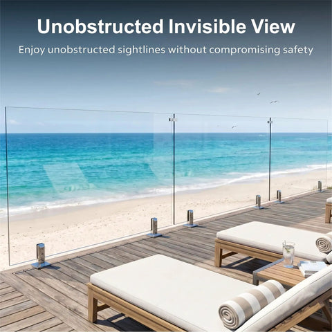 Top Tier Frameless Tempered Glass Railing Kit For Outdoor Decks, 44 Inch Height, with a beach view and lounge chairs.