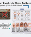 Oil Drain Plug Gasket Set, 100 Piece Crush Washer Kit, Copper And Aluminum, M10 M12 M14 M16 M18, organized case with labels