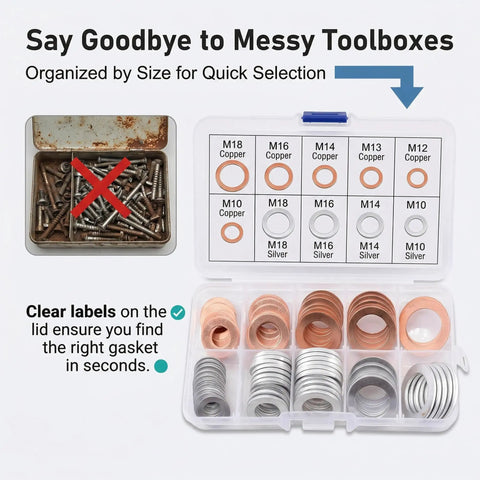 Oil Drain Plug Gasket Set, 100 Piece Crush Washer Kit, Copper And Aluminum, M10 M12 M14 M16 M18, organized case with labels