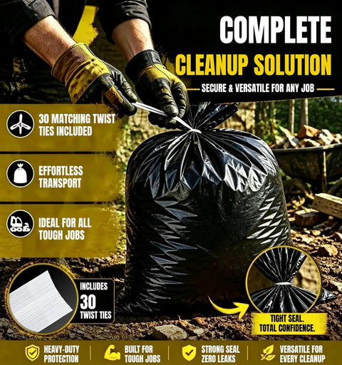 Worker tying Beefed-Up Heavy Duty 55 Gallon Contractor Garbage Bags 2 Mil Thick, Black with twist ties on construction site