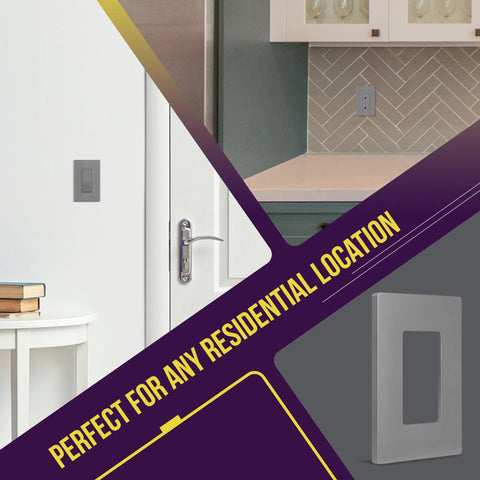 Screwless Decorator Wall Plate 1-Gang Gray Glossy Outlet Cover in living room and kitchen, unbreakable polycarbonate