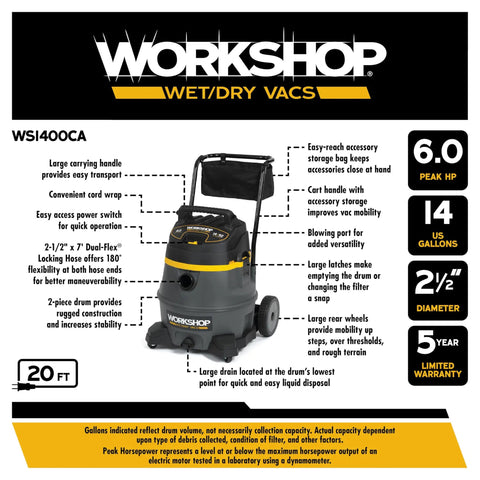 Heavy Duty Wet Dry Shop Vac 14 Gallon High Power Vacuum Cleaner With 6.0 Peak HP Filter Dust Bag Hose And Attachments Plus Cart For Garage Basement And Workshop Cleanup Easy Transport product display with features