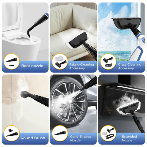 Tough Day Grime Handheld Steam Cleaner That Heats Up Fast With A 13 Foot Cord, featuring various nozzles for cleaning surfaces.