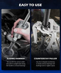 30 Piece Bearing Puller And Housing Removal Set showing slide hammer and counterstay puller in use on engine parts.