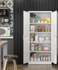 White Metal Pantry Cabinet 71 Inch Tall Kitchen Storage Organizer With Doors And Four Adjustable Shelves Two Gold Handles