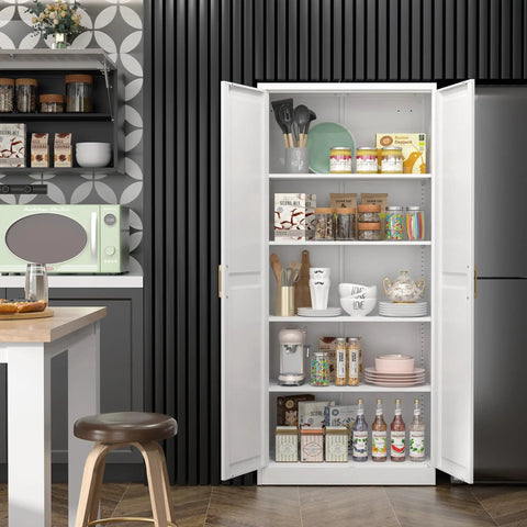 White Metal Pantry Cabinet 71 Inch Tall Kitchen Storage Organizer With Doors And Four Adjustable Shelves Two Gold Handles