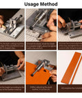 Steps showing the use of a Manual Leather Strap Cutter For 60mm Width, Belt Cutting Machine With G-Clamps, 10 sharp blades, 2 wrenches.