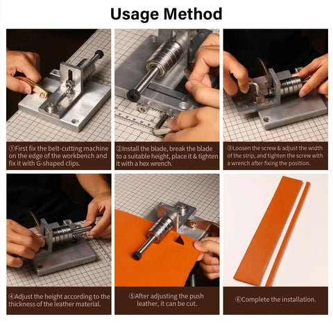 Steps showing the use of a Manual Leather Strap Cutter For 60mm Width, Belt Cutting Machine With G-Clamps, 10 sharp blades, 2 wrenches.